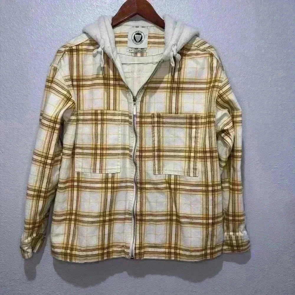 Urban Outfitters Vera Yellow Plaid Twill Hooded Full Zip Jacket Size XS